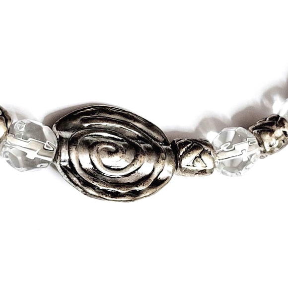 Vintage Handcrafted Heavy Silver Metal & Clear Crystal Beaded Bracelet 7" - Picture 2 of 6